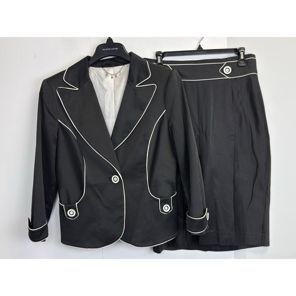 bebe Jackets & Blazers - Y2K Vintage BEBE Skirt Suit Black Pinstripe Womens 10 White Piping Lined Blazer